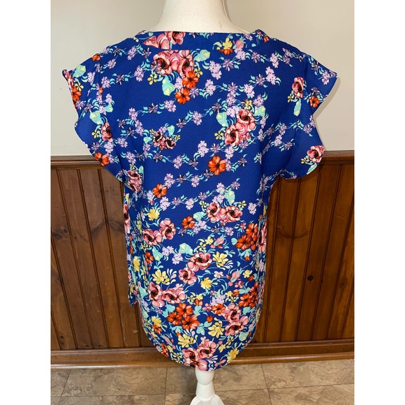 Womens Label by Rachel Roy Blue Multicolor Floral Short Sleeve Blouse‎ Medium - Picture 3 of 7